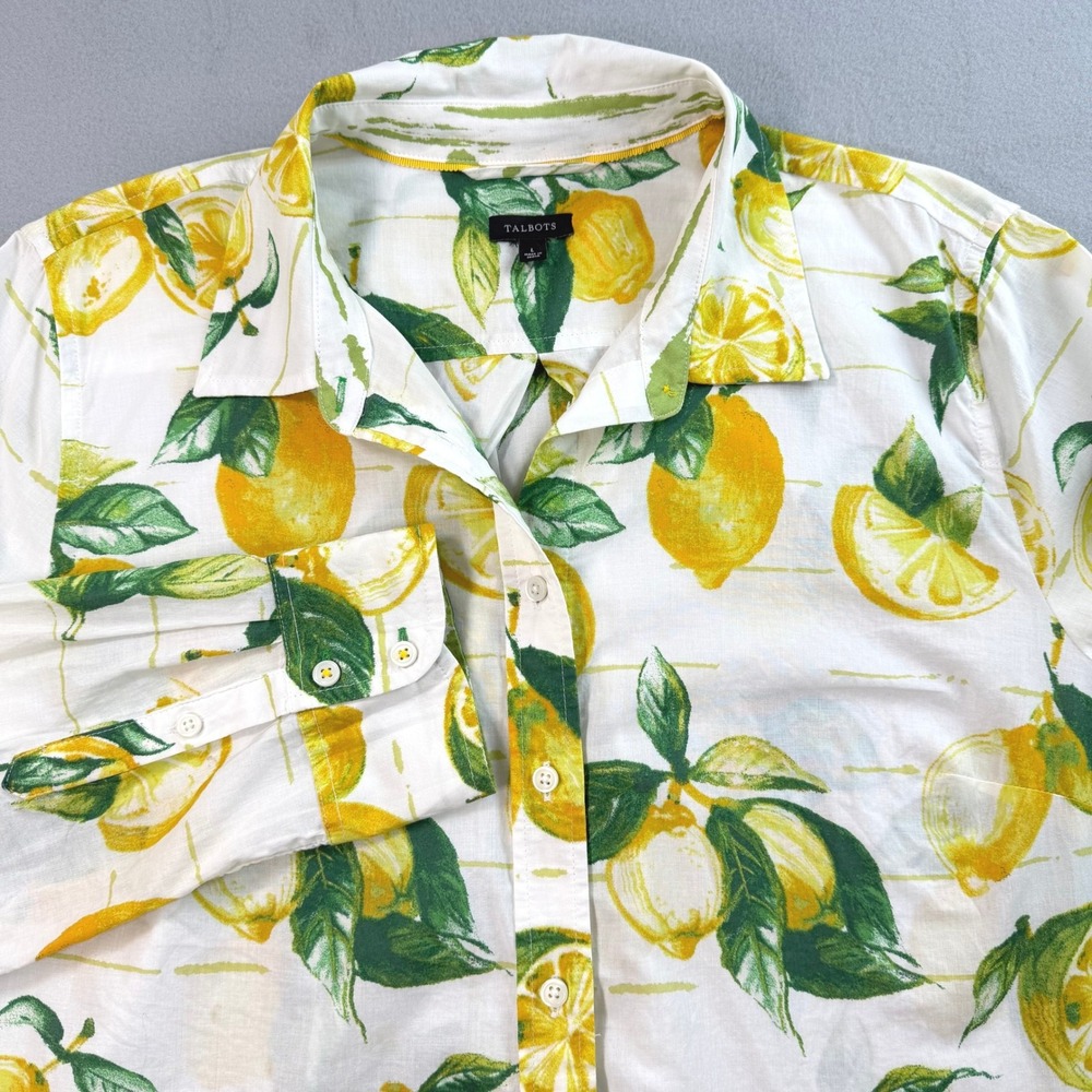 Talbots Women's White Yellow Lemon Print Button Down Shirt L Cotton Cottagecore - Picture 9 of 11